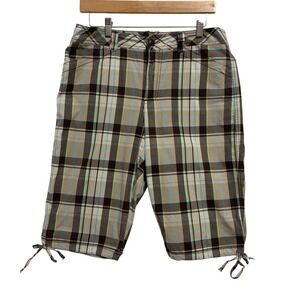 Dressbarn Bermuda Shorts Brown Plaid Drawstring Leg Stretch Preppy Casual Sz 10